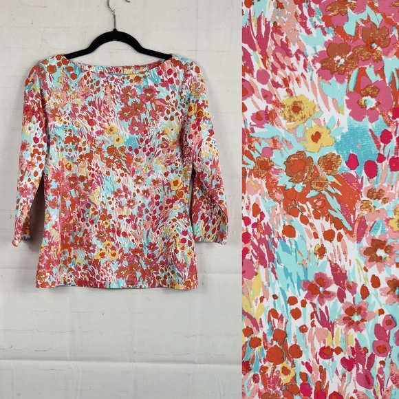 J.McLaughlin Catalina Cloth Wavesong 3/4 Sleeve Button Shoulder Top Print Small - Picture 2 of 9